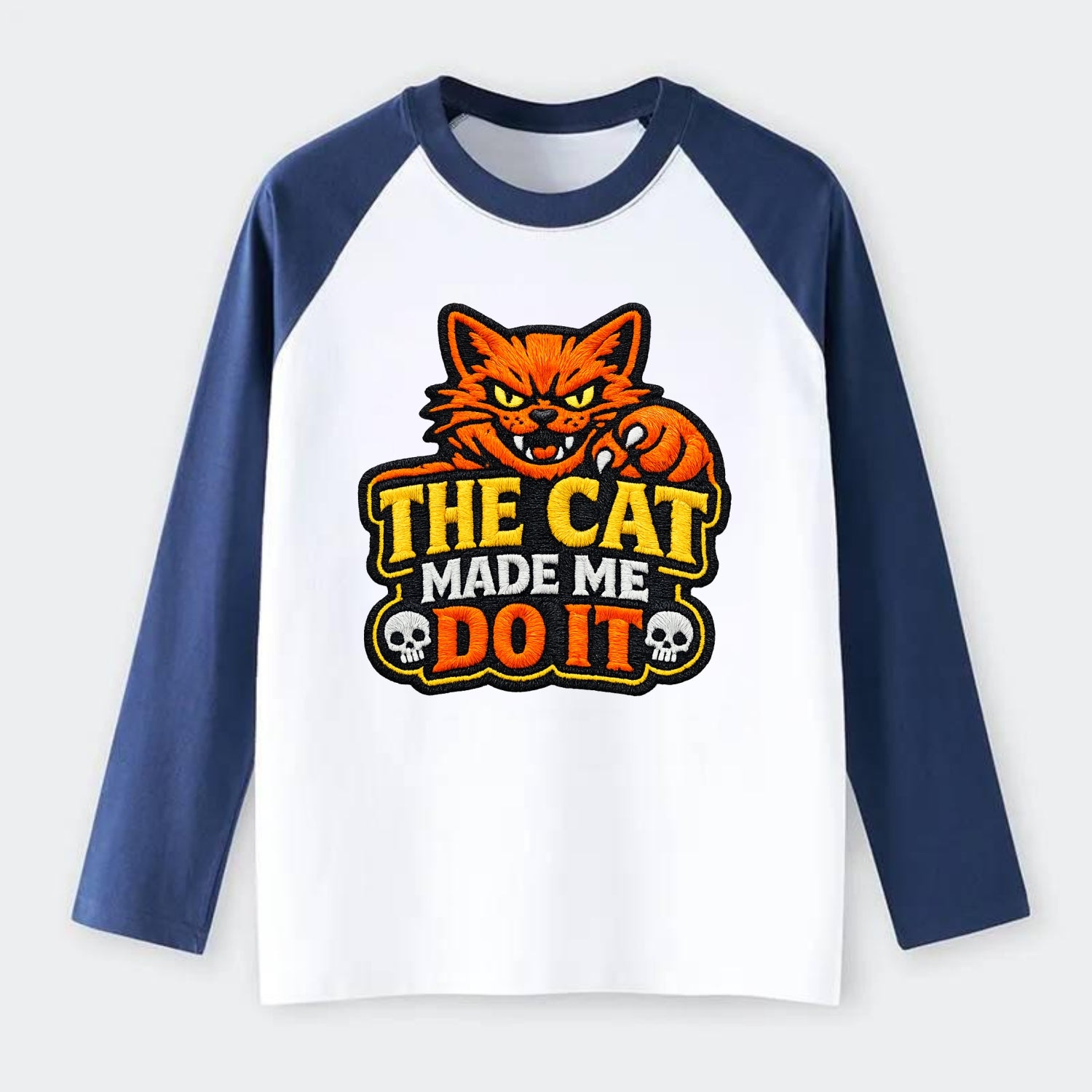 THE CAT MADE ME DO IT - mischievous cat in orange , blame the cat - Raglan Long Sleeve T-Shirt - Blue