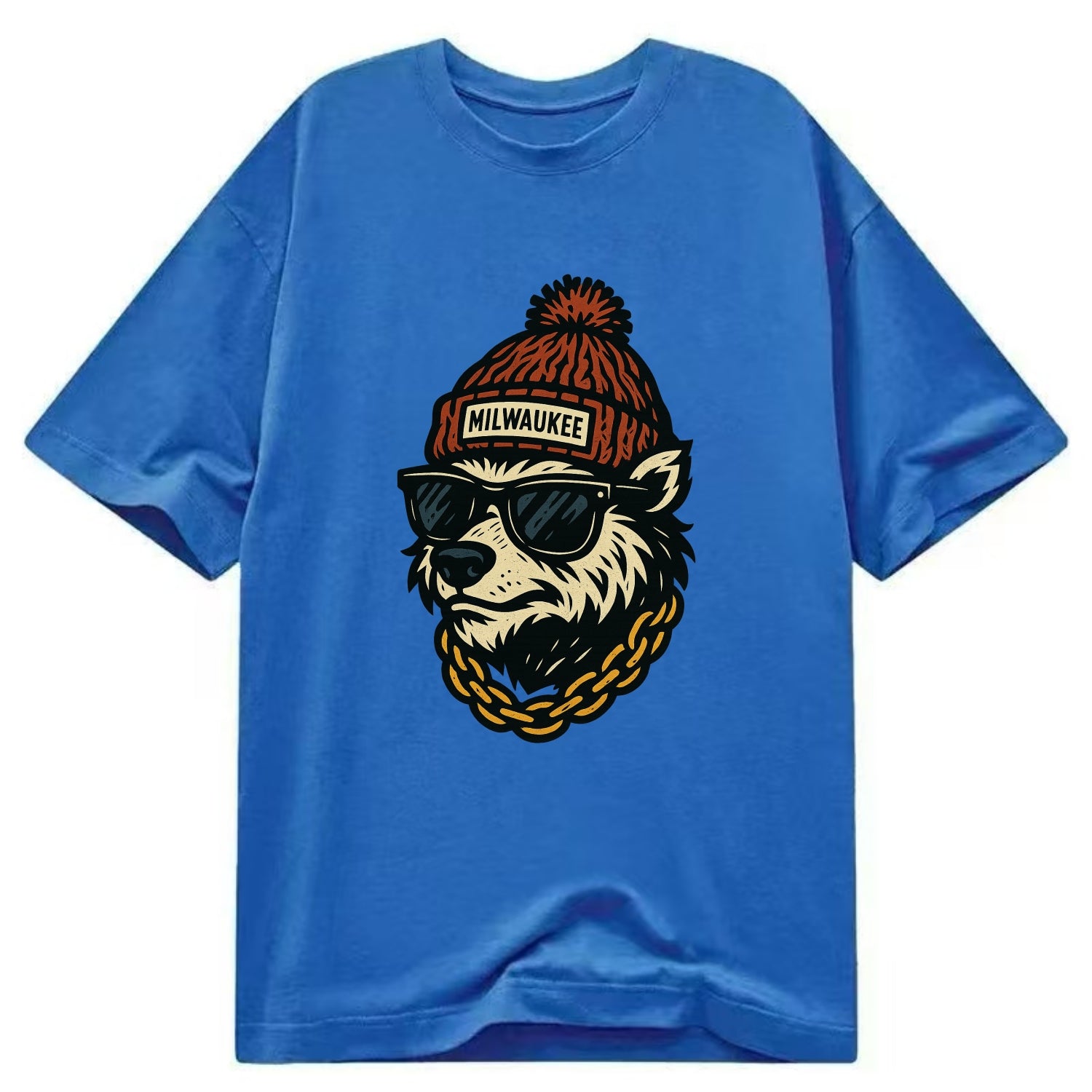 Milwaukee Badger wearing Milwaukee beanie with pom pom and wayfarer sunglasses - Classic T-shirt - Blue