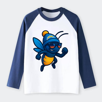 LA Lightning Bug wearing Chargers powder blue and gold beanie with pom - Raglan Long Sleeve T-Shirt - Blue