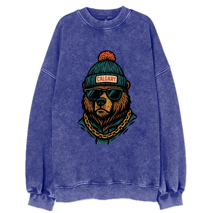 Calgary Grizzly Bear wearing Calgary beanie with pom pom and wayfarer - Vintage Sweatshirt - Blue