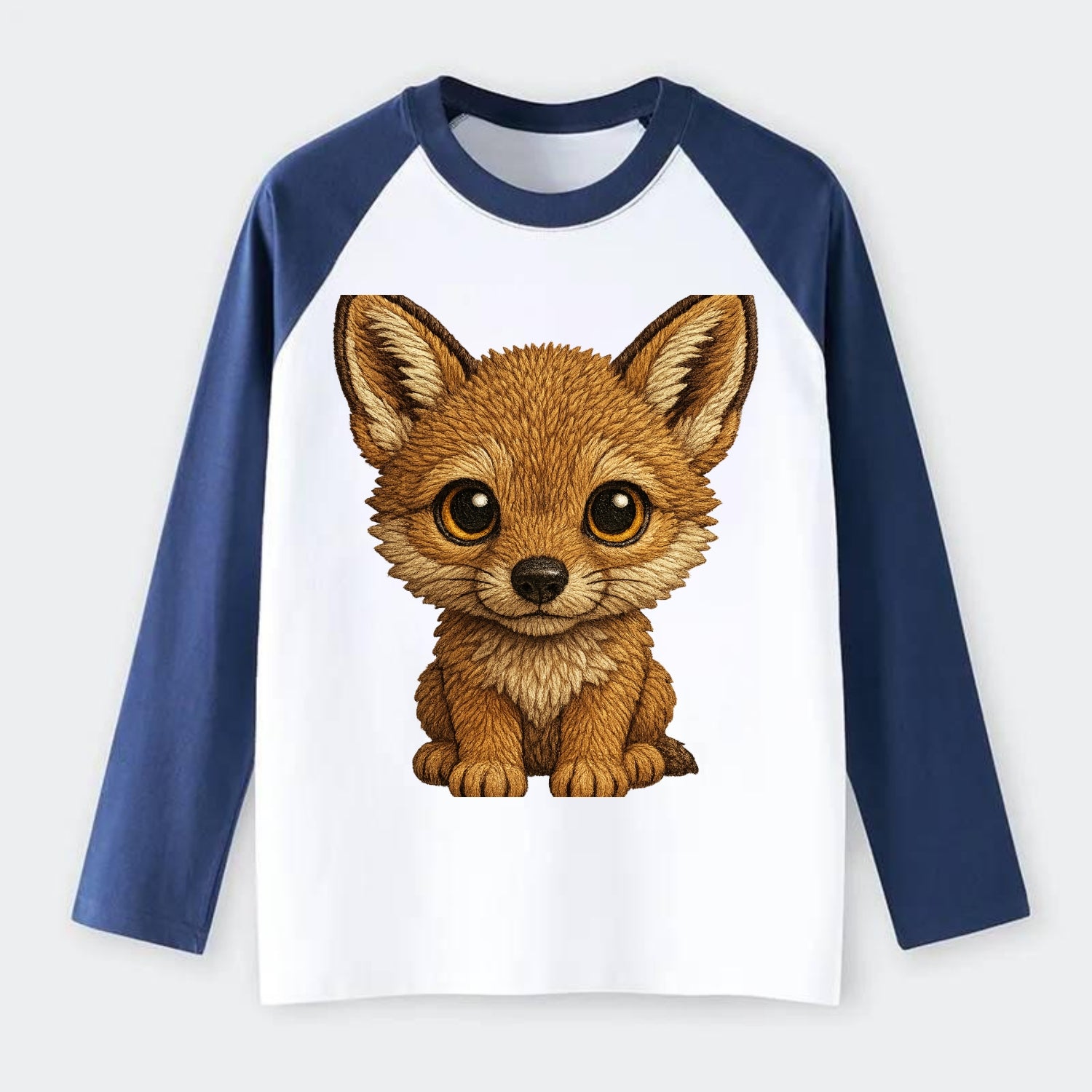 Baby Coyote Pup - tan fur, large ears, golden eyes, front-facing, - Raglan Long Sleeve T-Shirt - Blue