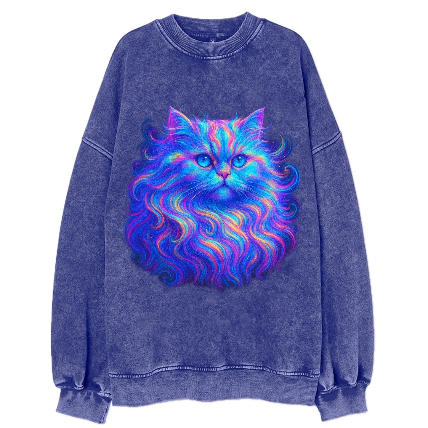 Luxurious Persian cat with flowing fur that refracts into rainbow prisms, soft - Vintage Sweatshirt - Blue