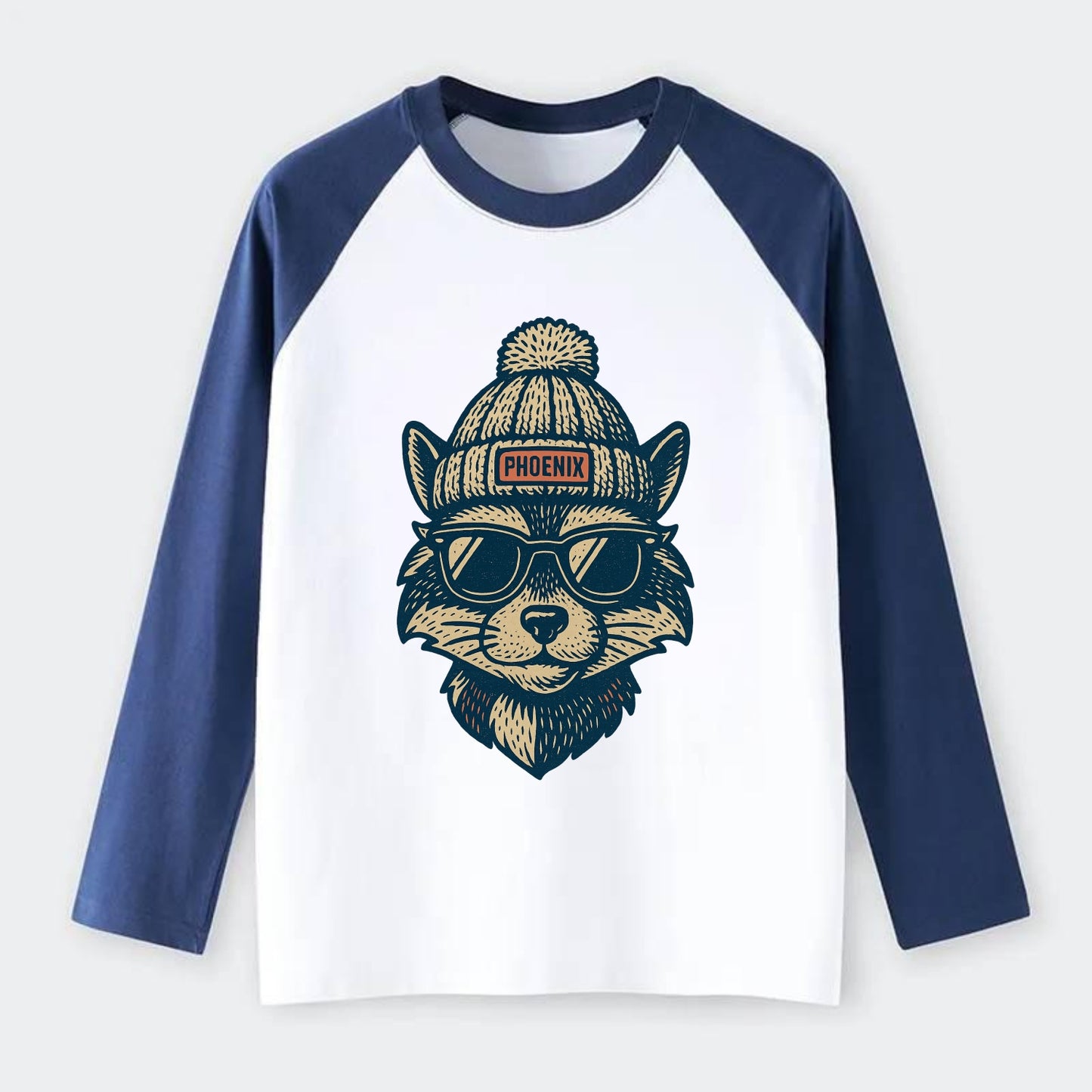 Arizona Ringtail wearing Phoenix beanie with pom pom and wayfarer - Raglan Long Sleeve T-Shirt - Blue