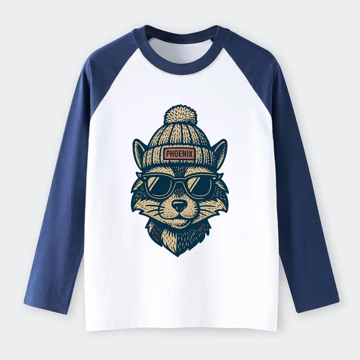 Arizona Ringtail wearing Phoenix beanie with pom pom and wayfarer - Raglan Long Sleeve T-Shirt - Blue