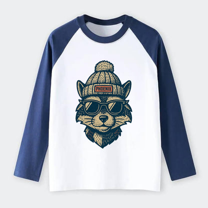 Arizona Ringtail wearing Phoenix beanie with pom pom and wayfarer - Raglan Long Sleeve T-Shirt - Blue