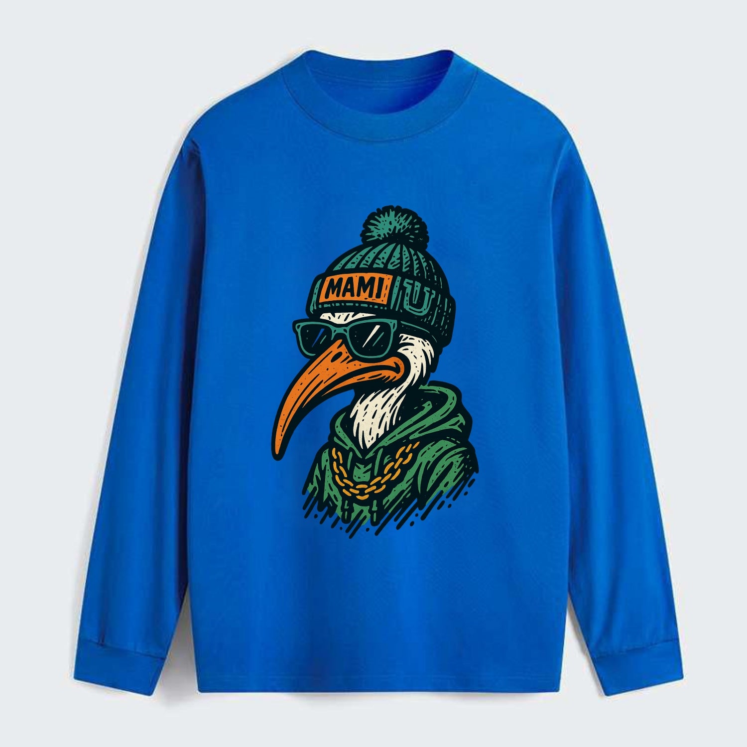 Coral Gables Ibis wearing Miami beanie with U patch - Classic Long Sleeve Shirt - Blue