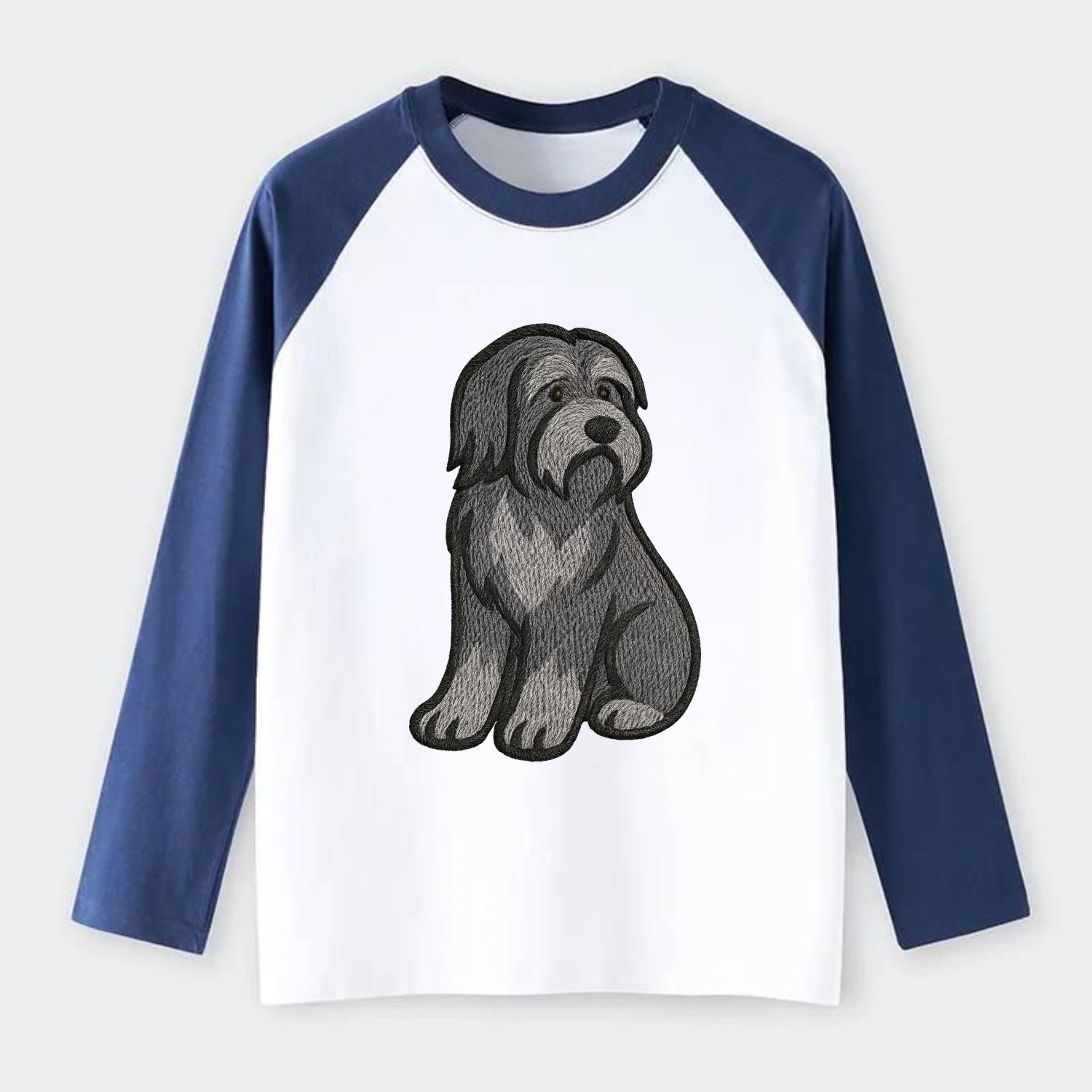 Bearded Collie - Gray shaggy coat embroidered pose - Raglan Long Sleeve T-Shirt - Blue