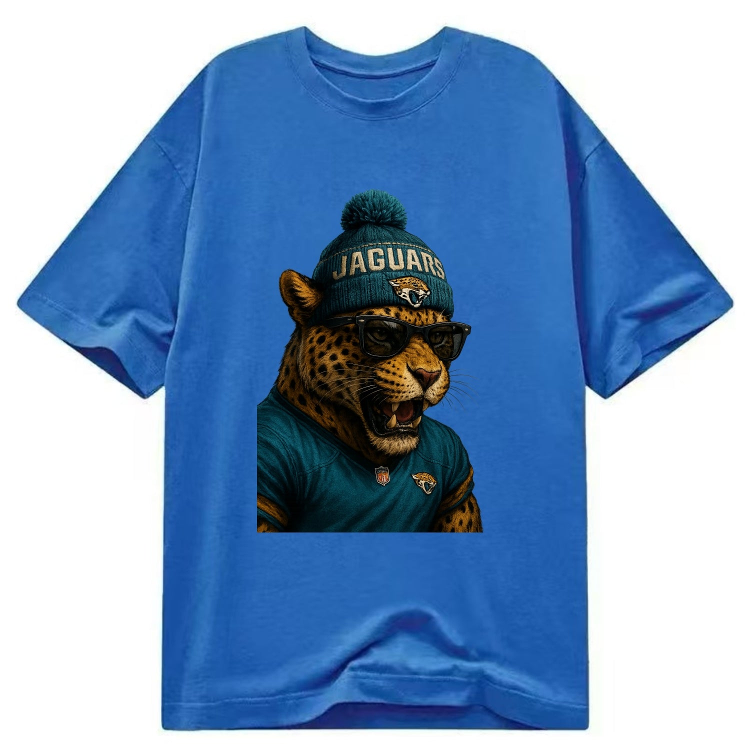 Jacksonville Jaguar wearing Jaguars teal and gold beanie with pom pom and - Classic T-shirt - Blue