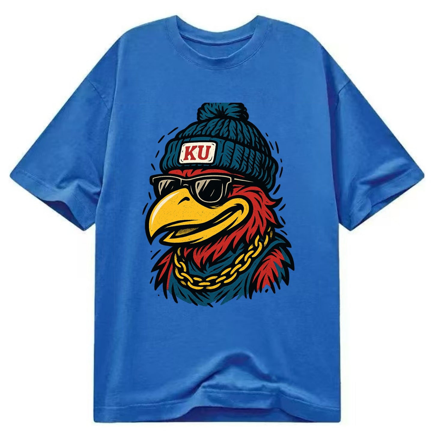 Lawrence Jayhawk wearing Kansas beanie with KU patch - Classic T-shirt - Blue