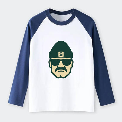 East Lansing Spartan wearing Michigan State beanie with S patch - Raglan Long Sleeve T-Shirt - Blue