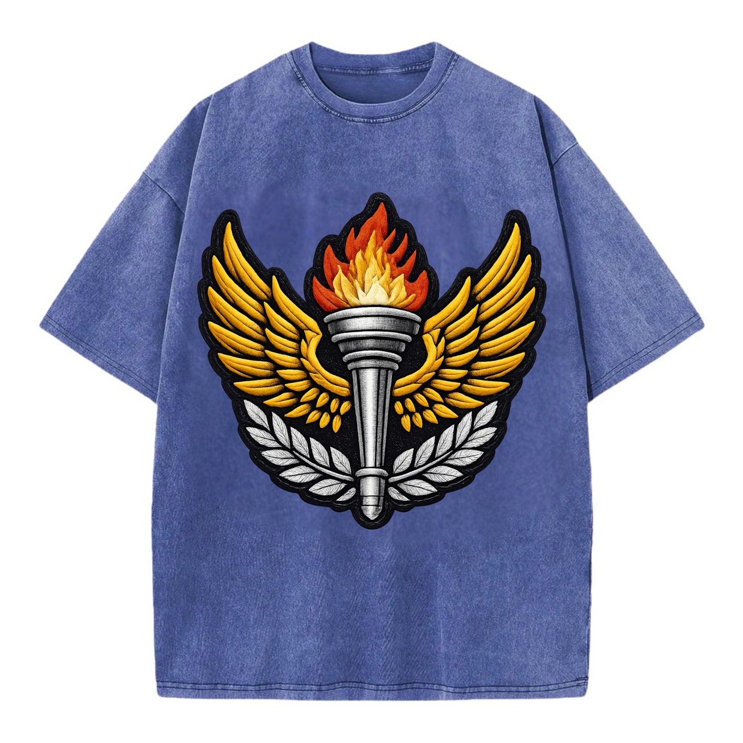 Embroidered patch design - TRACK AND FIELD TORCH - Olympic style torch with wings - Vintage T-shirt - Blue