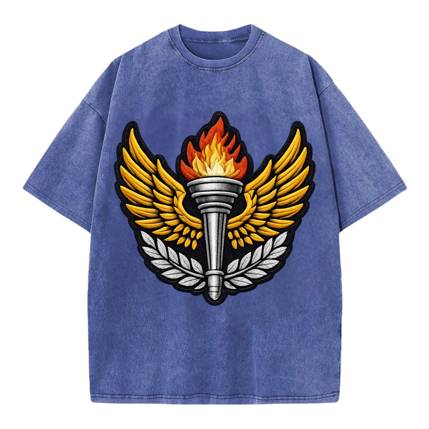 Embroidered patch design - TRACK AND FIELD TORCH - Olympic style torch with wings - Vintage T-shirt - Blue