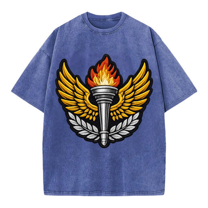 Embroidered patch design - TRACK AND FIELD TORCH - Olympic style torch with wings - Vintage T-shirt - Blue