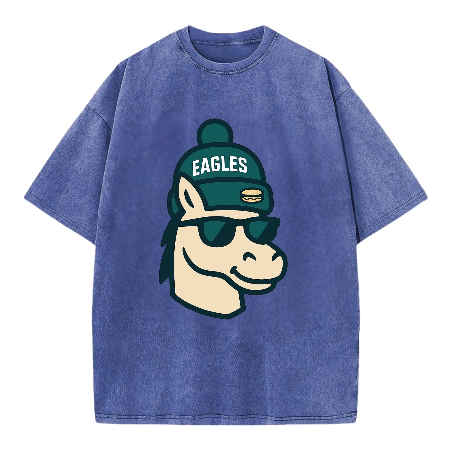 Philadelphia Horse wearing Eagles beanie with cheesesteak patch and wayfarer - Vintage T-shirt - Blue