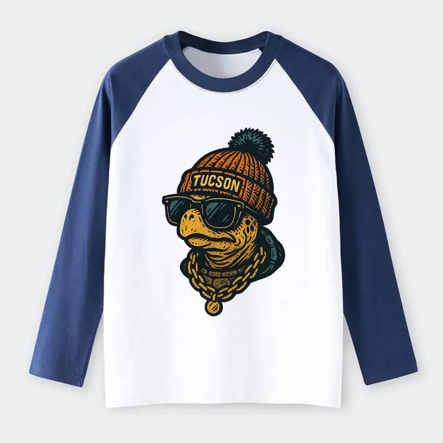 Tucson Desert Tortoise wearing Tucson beanie with pom pom and wayfarer - Raglan Long Sleeve T-Shirt - Blue