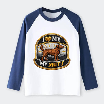 I LOVE MY MUTT - mixed breed silhouette in brown , rescue pride - Raglan Long Sleeve T-Shirt - Blue