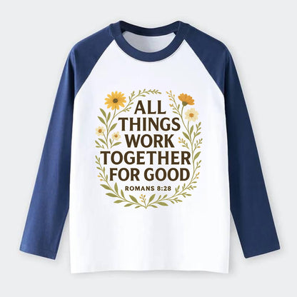 Romans 8:28 Flowers - Raglan Long Sleeve T-Shirt - Blue