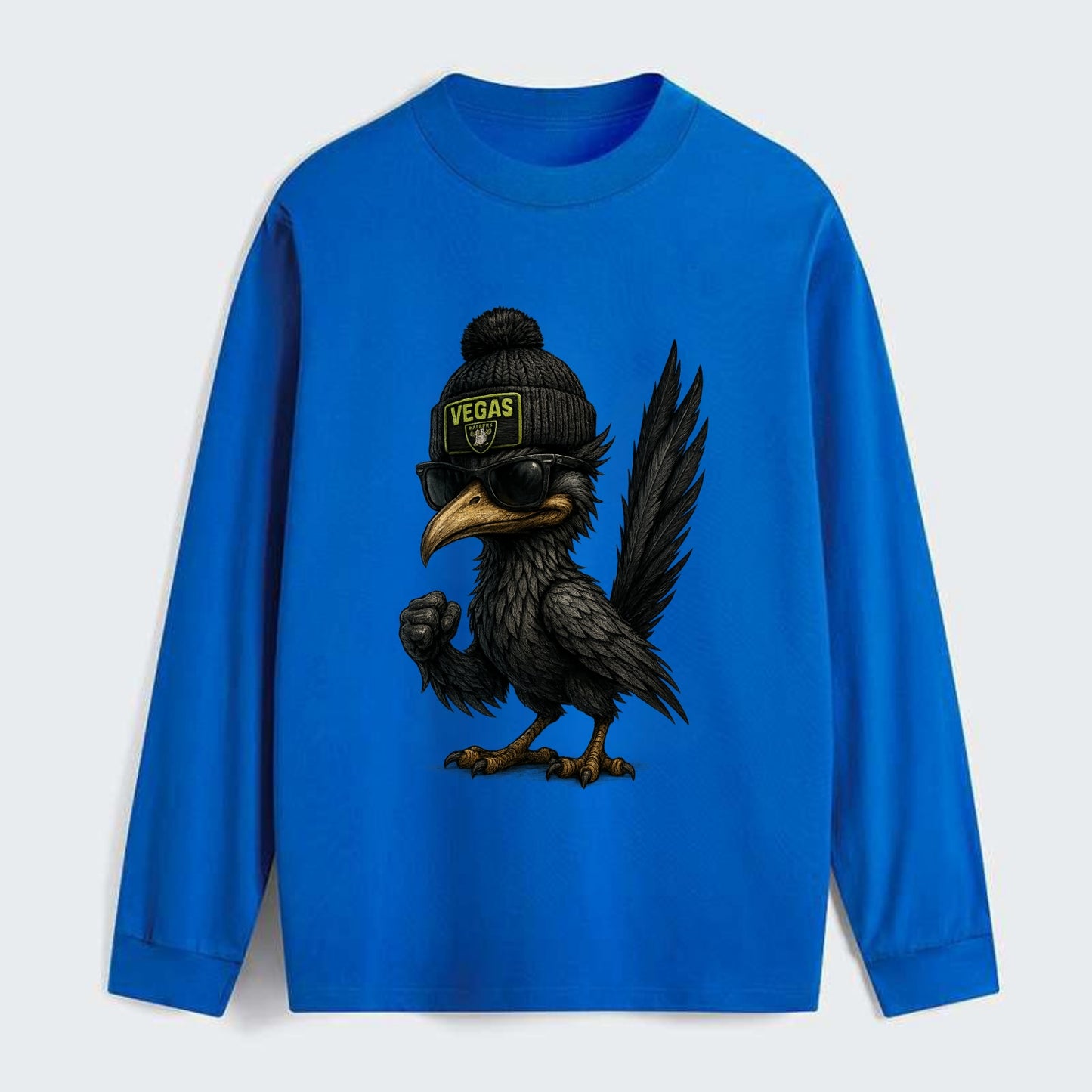 Vegas Roadrunner wearing Raiders beanie with neon patch and wayfarer - Classic Long Sleeve Shirt - Blue