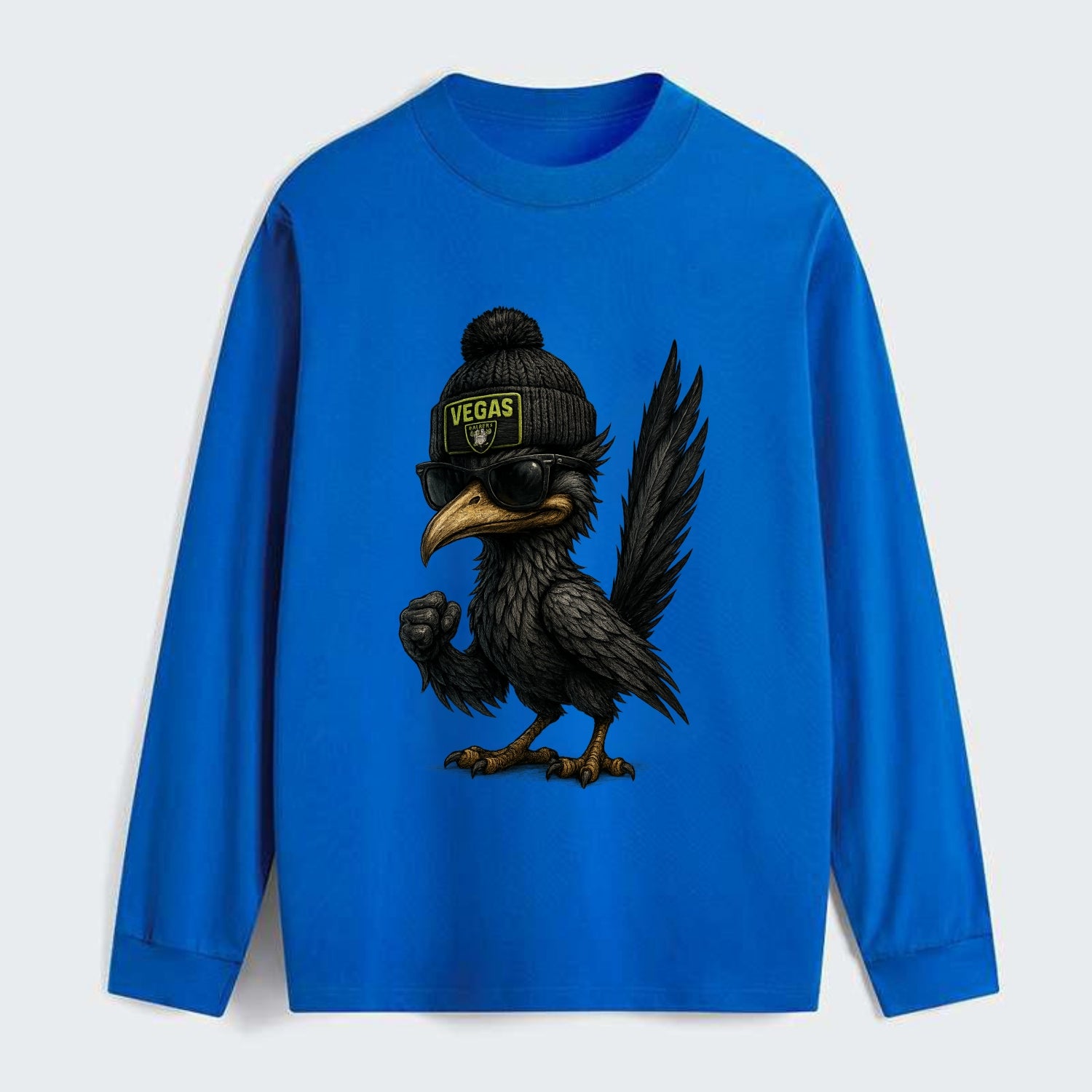 Vegas Roadrunner wearing Raiders beanie with neon patch and wayfarer - Classic Long Sleeve Shirt - Blue