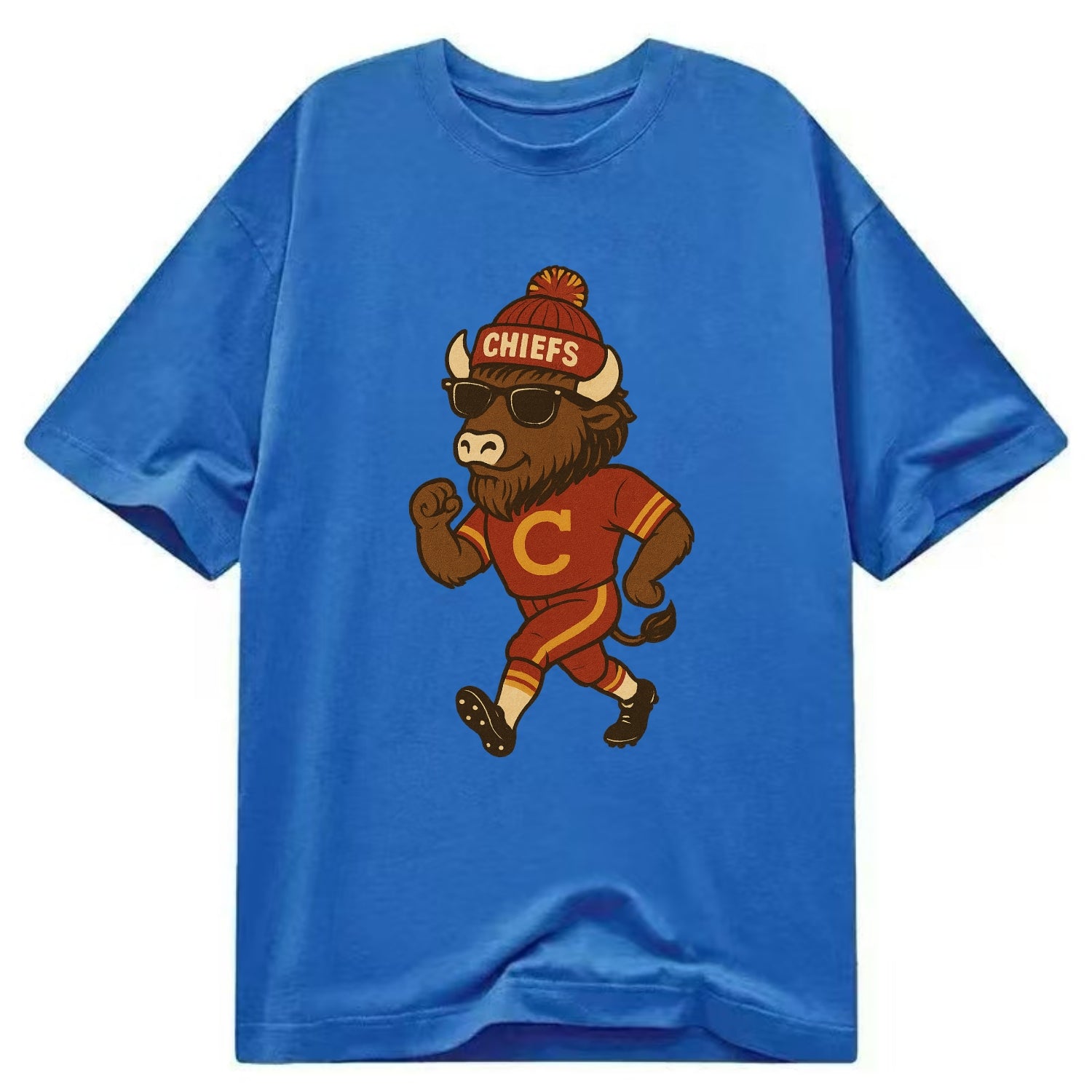 KC Bison wearing Chiefs beanie with arrowhead patch and wayfarer sunglasses - Classic T-shirt - Blue