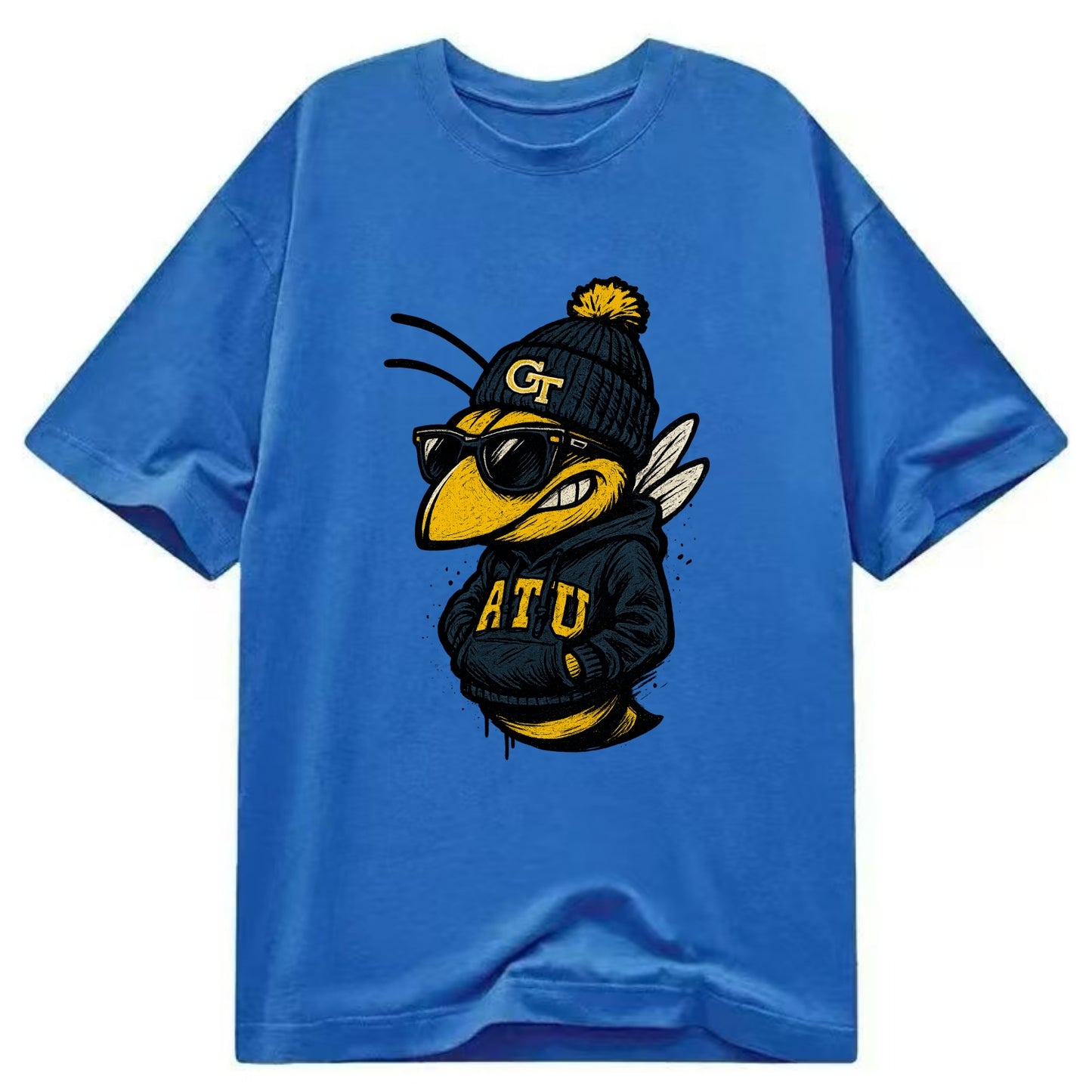 Atlanta Yellow Jacket wearing Georgia Tech beanie with GT patch - Classic T-shirt - Blue