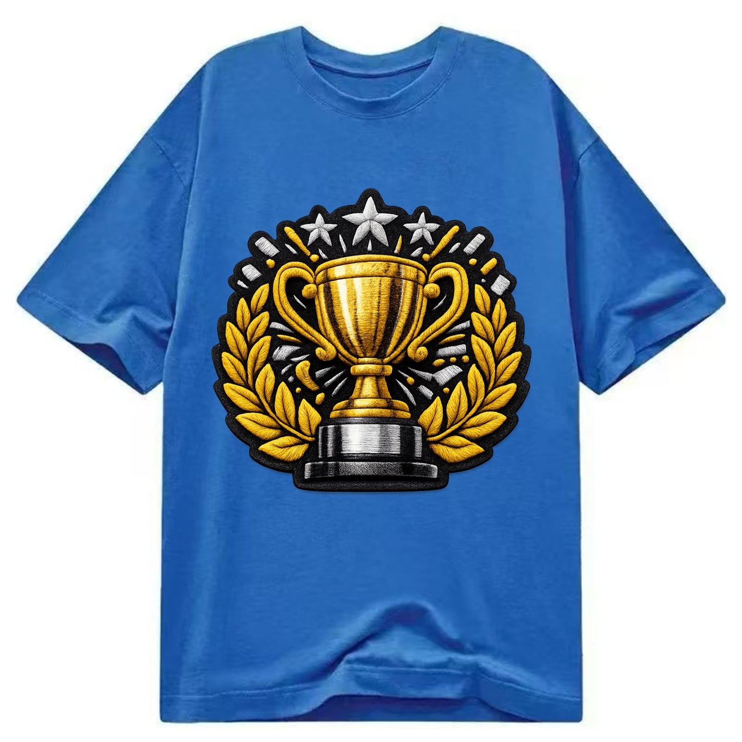 Embroidered patch design - CHAMPIONSHIP TROPHY - golden trophy cup with laurels - Classic T-shirt - Blue