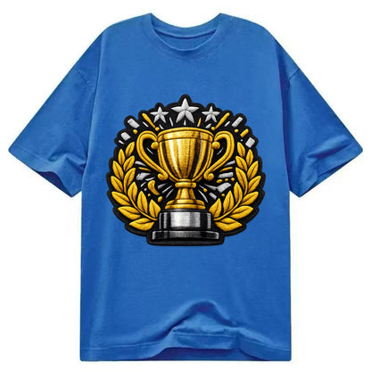 Embroidered patch design - CHAMPIONSHIP TROPHY - golden trophy cup with laurels - Classic T-shirt - Blue