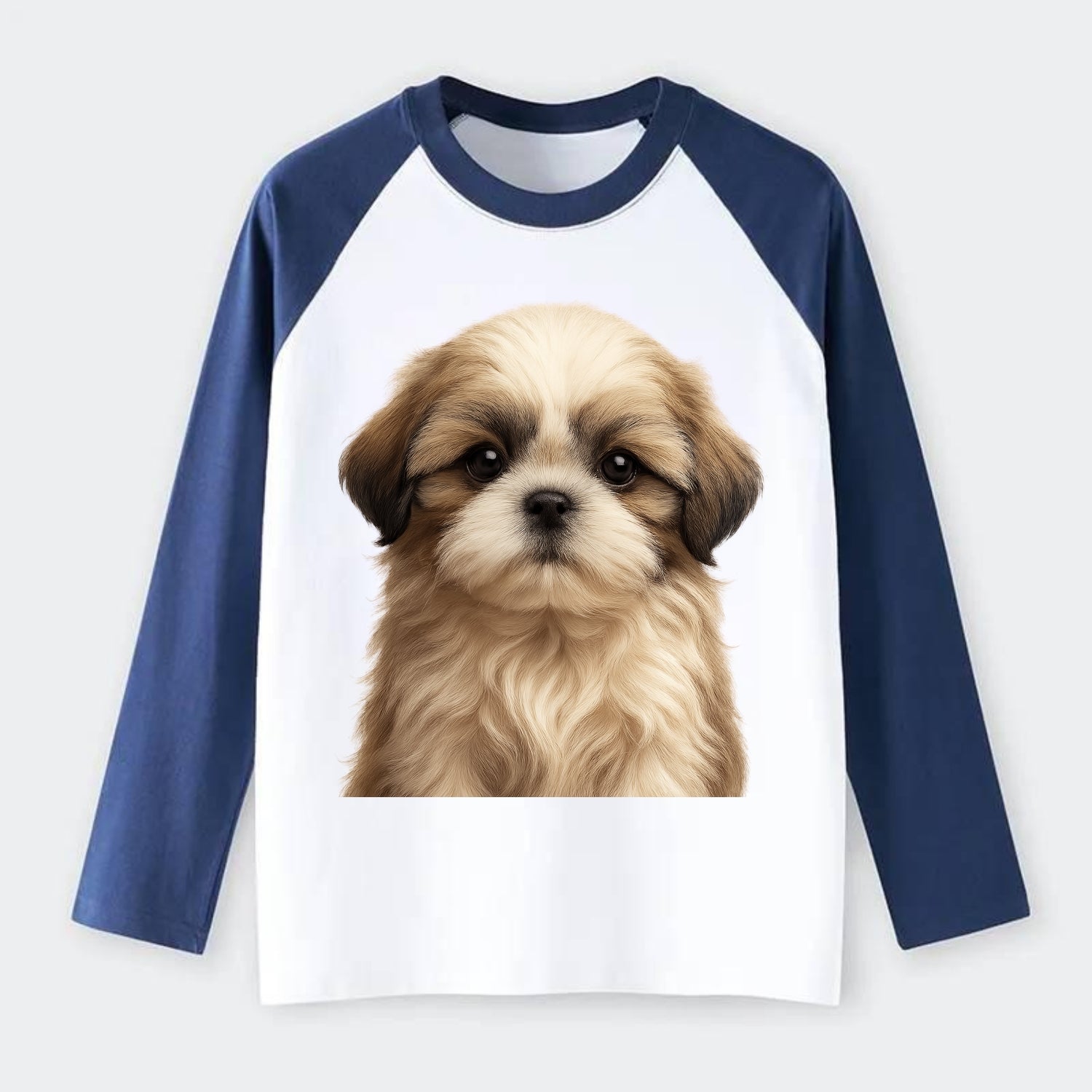 Baby Shih Tzu Puppy - long flowing coat, flat face, big dark eyes, - Raglan Long Sleeve T-Shirt - Blue