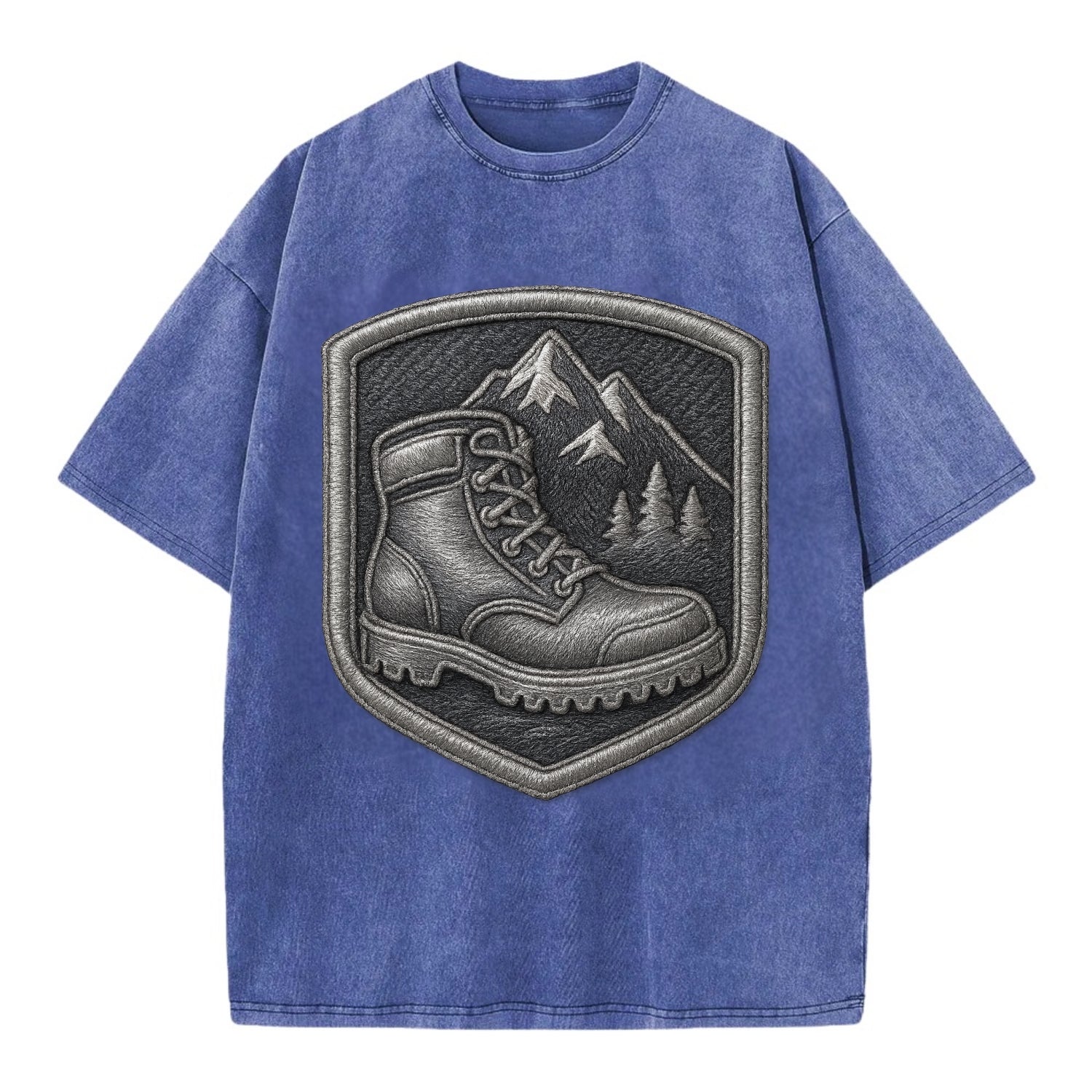 Hiking boots with mountain peak - hiker pride - Vintage T-shirt - Blue