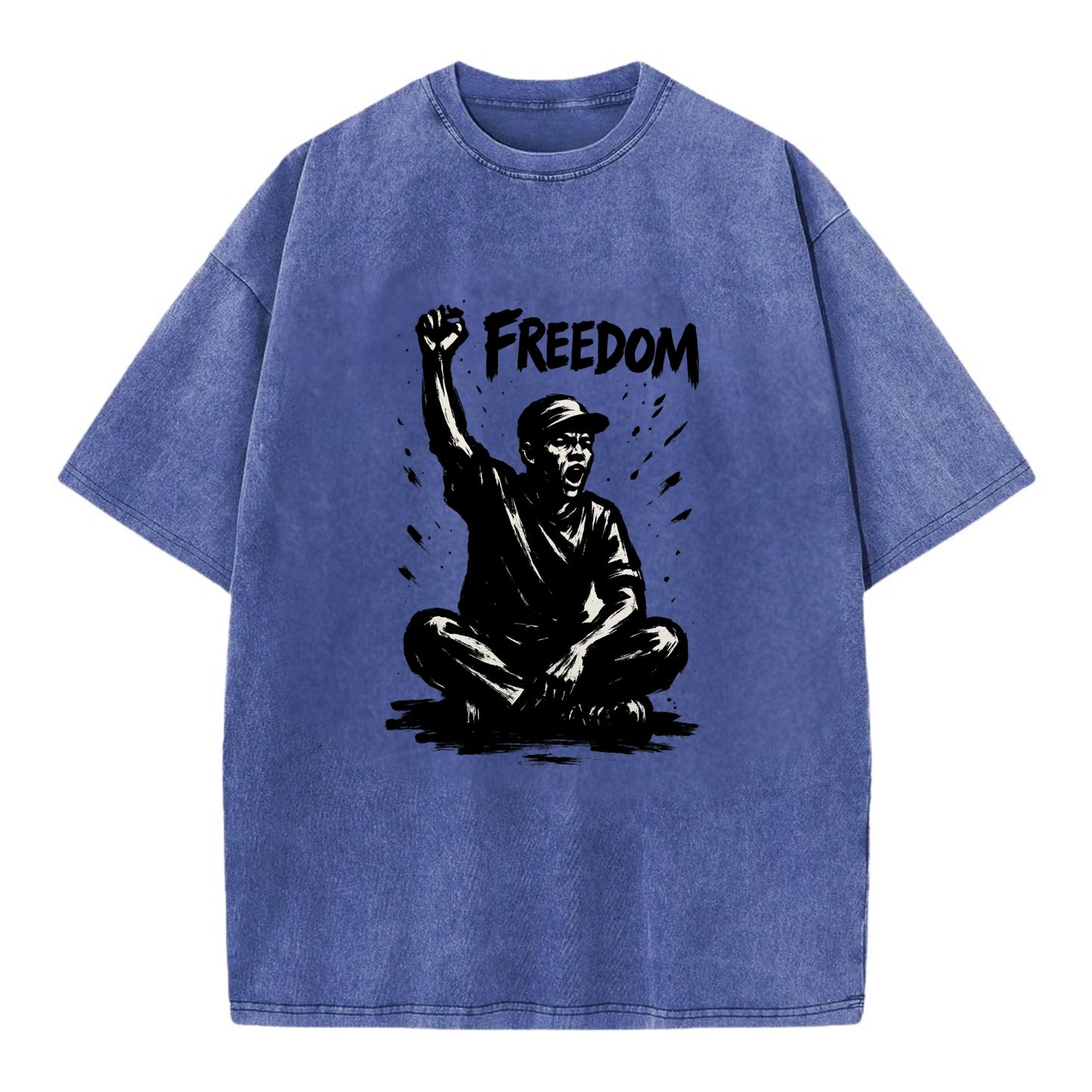 Sit-in protest figure - civil disobedience ink art - Vintage T-shirt - Blue