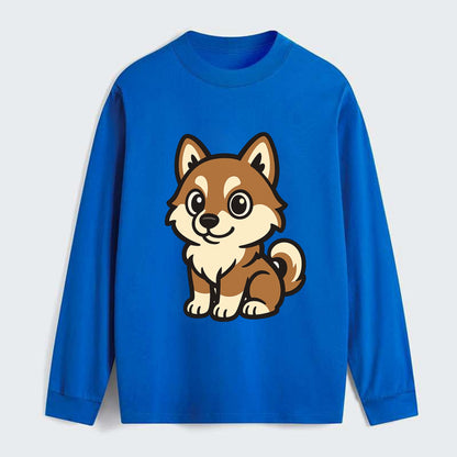 Pomsky - Pomeranian-Husky mix sitting pose - Classic Long Sleeve Shirt - Blue