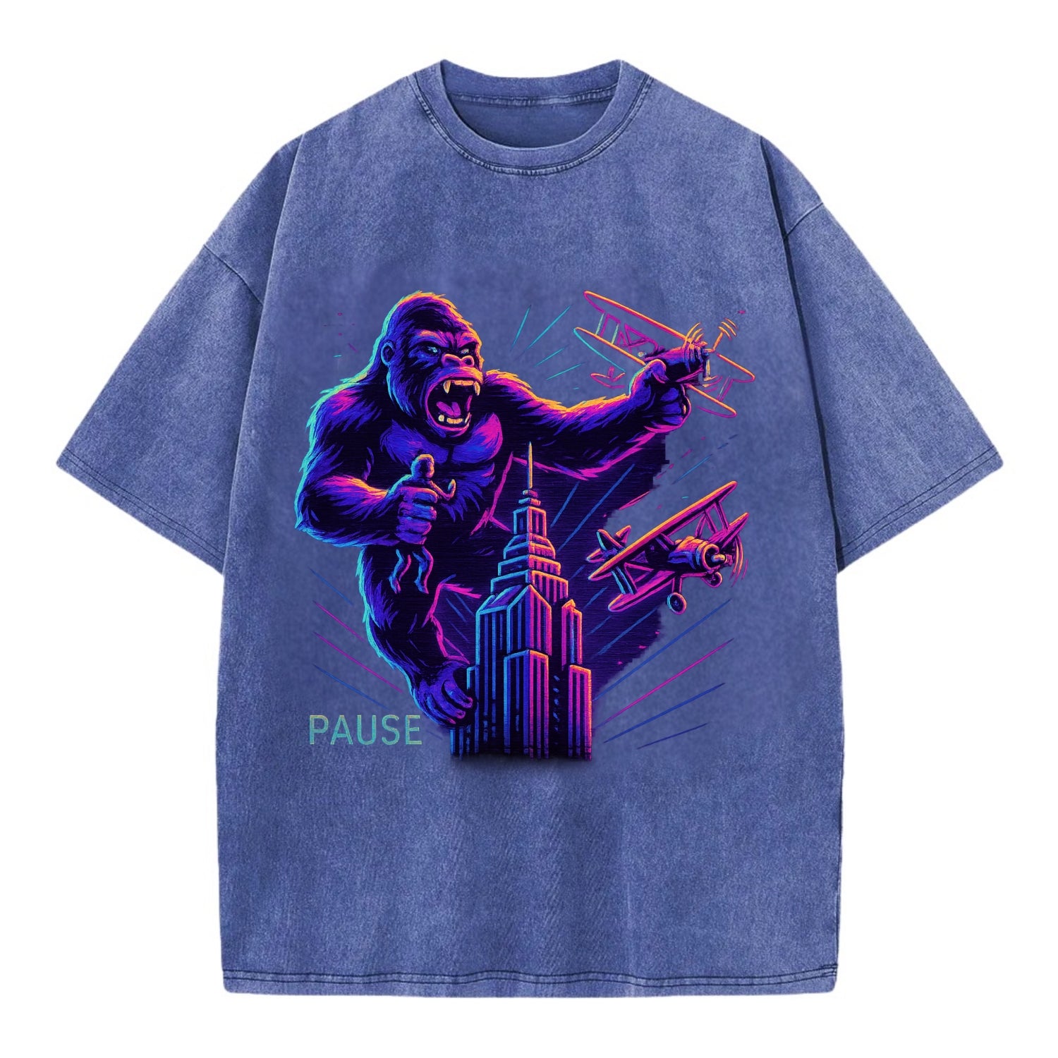 giant gorilla on top of skyscraper holding small figure, swatting planes - Vintage T-shirt - Blue
