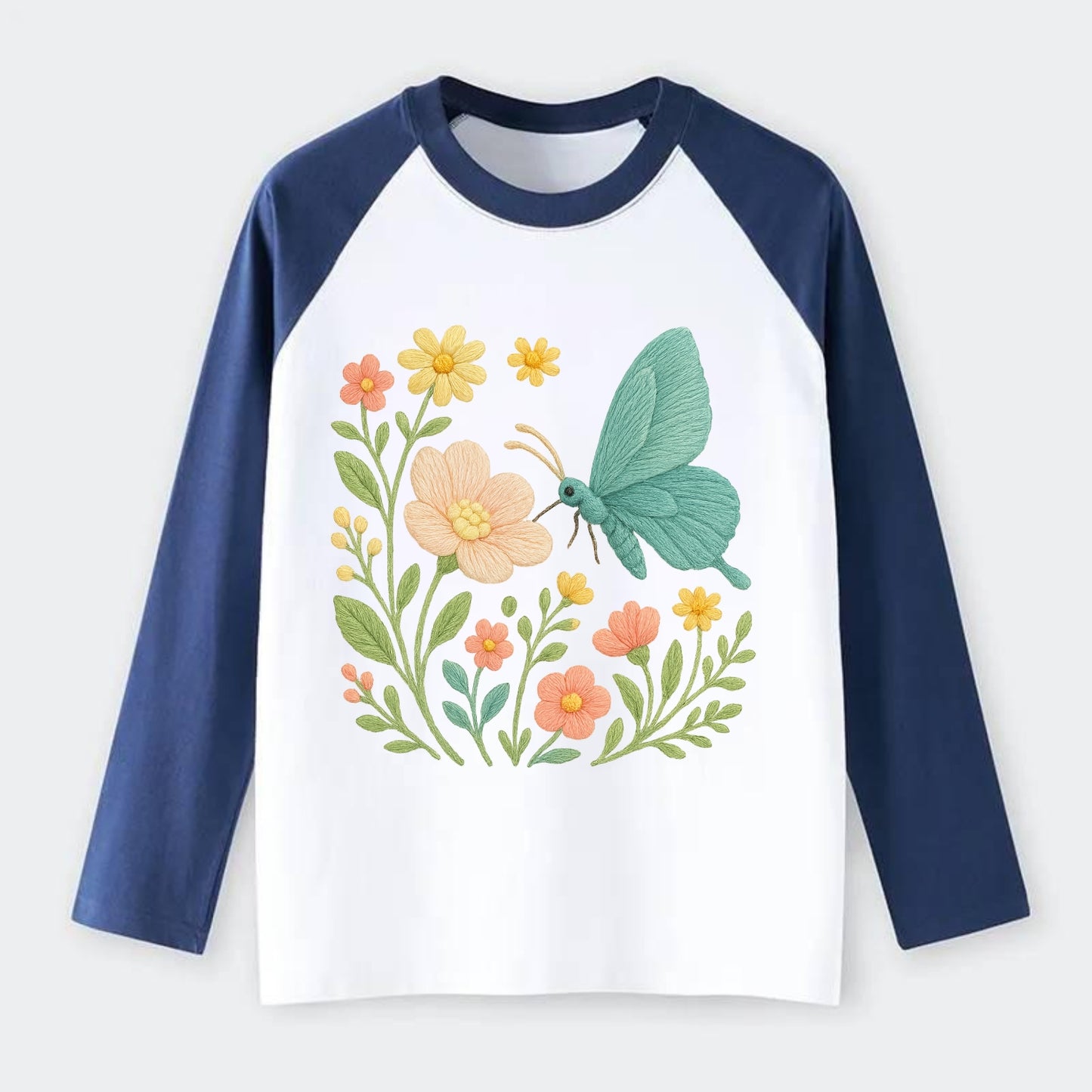 Mint Night Butterfly - Raglan Long Sleeve T-Shirt - Blue