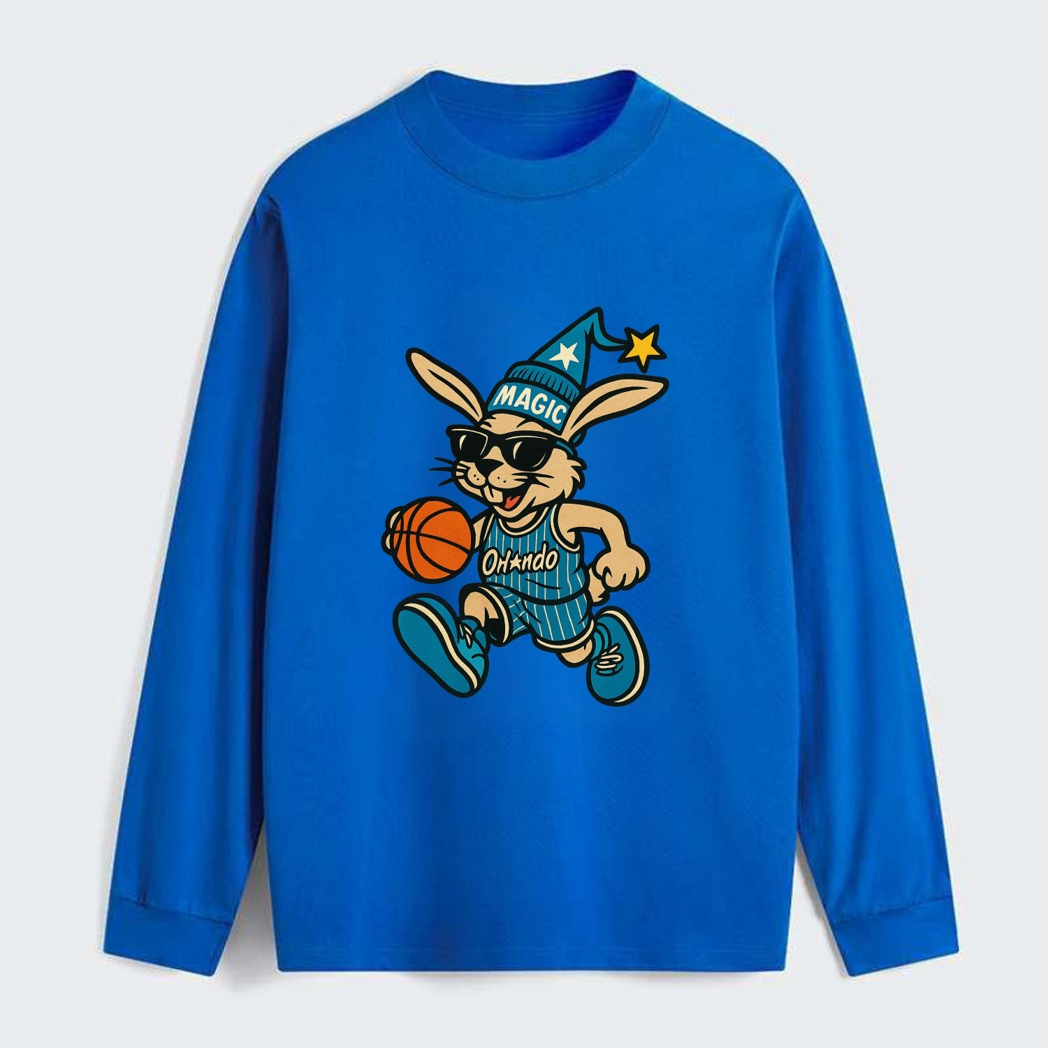 Orlando Rabbit wearing Magic blue and silver beanie with wizard hat and - Classic Long Sleeve Shirt - Blue