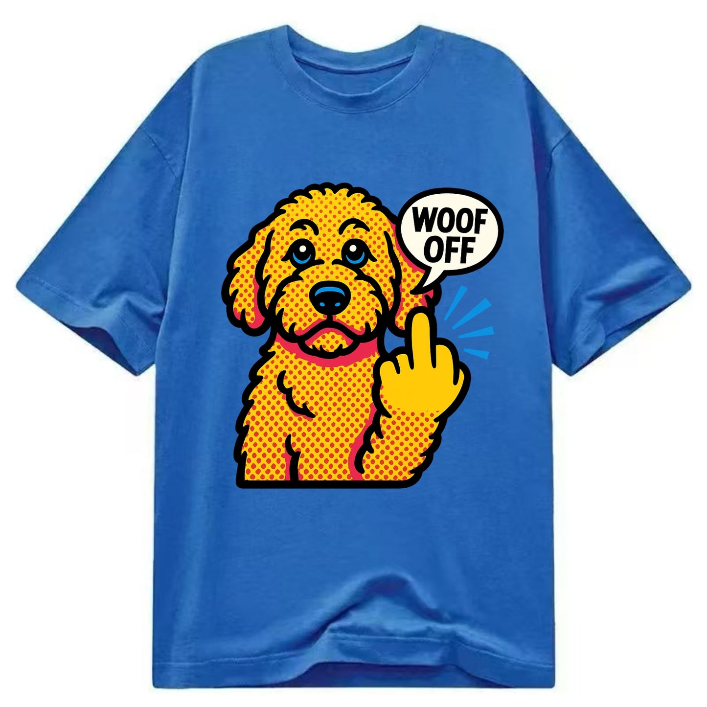 Goldendoodle with teddy bear face and curly golden coat, friendly paw flipping off - Classic T-shirt - Blue