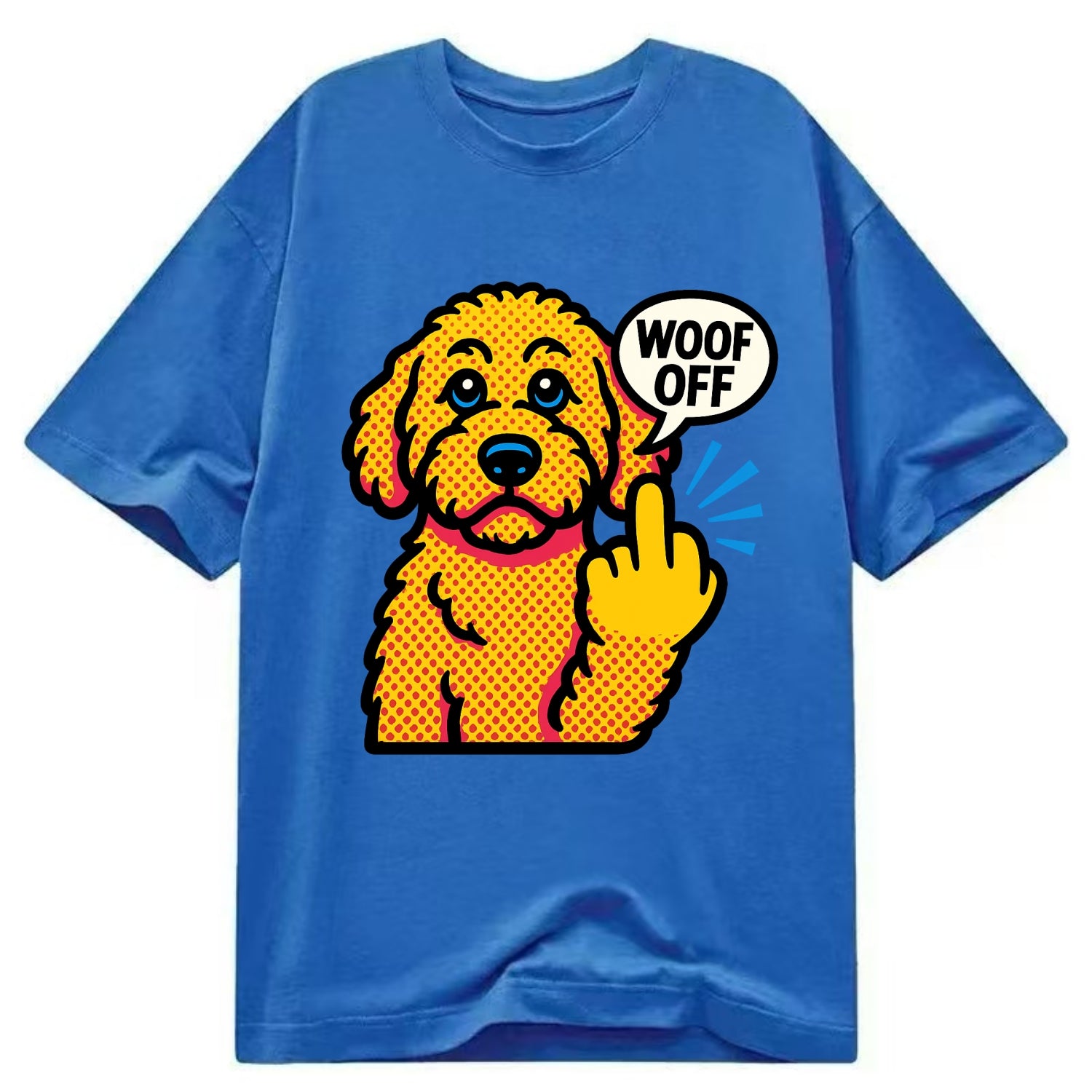 Goldendoodle with teddy bear face and curly golden coat, friendly paw flipping off - Classic T-shirt - Blue