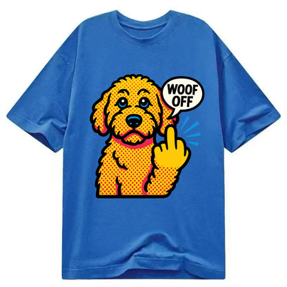 Goldendoodle with teddy bear face and curly golden coat, friendly paw flipping off - Classic T-shirt - Blue