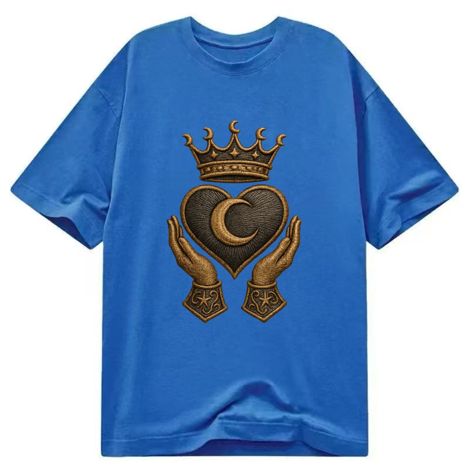 Moonlit crescent crown cradling a hematite heart with stargazer hands cupped - Classic T-shirt - Blue