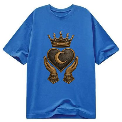 Moonlit crescent crown cradling a hematite heart with stargazer hands cupped - Classic T-shirt - Blue