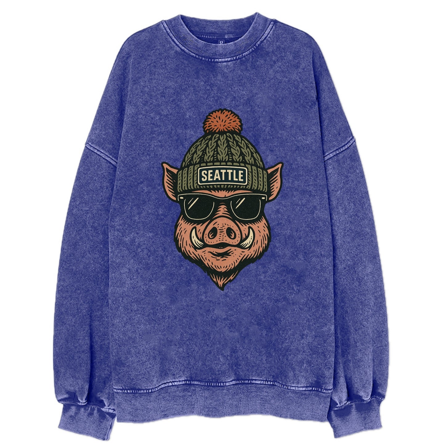 Washington Hog wearing Seattle beanie with pom pom and wayfarer sunglasses - Vintage Sweatshirt - Blue