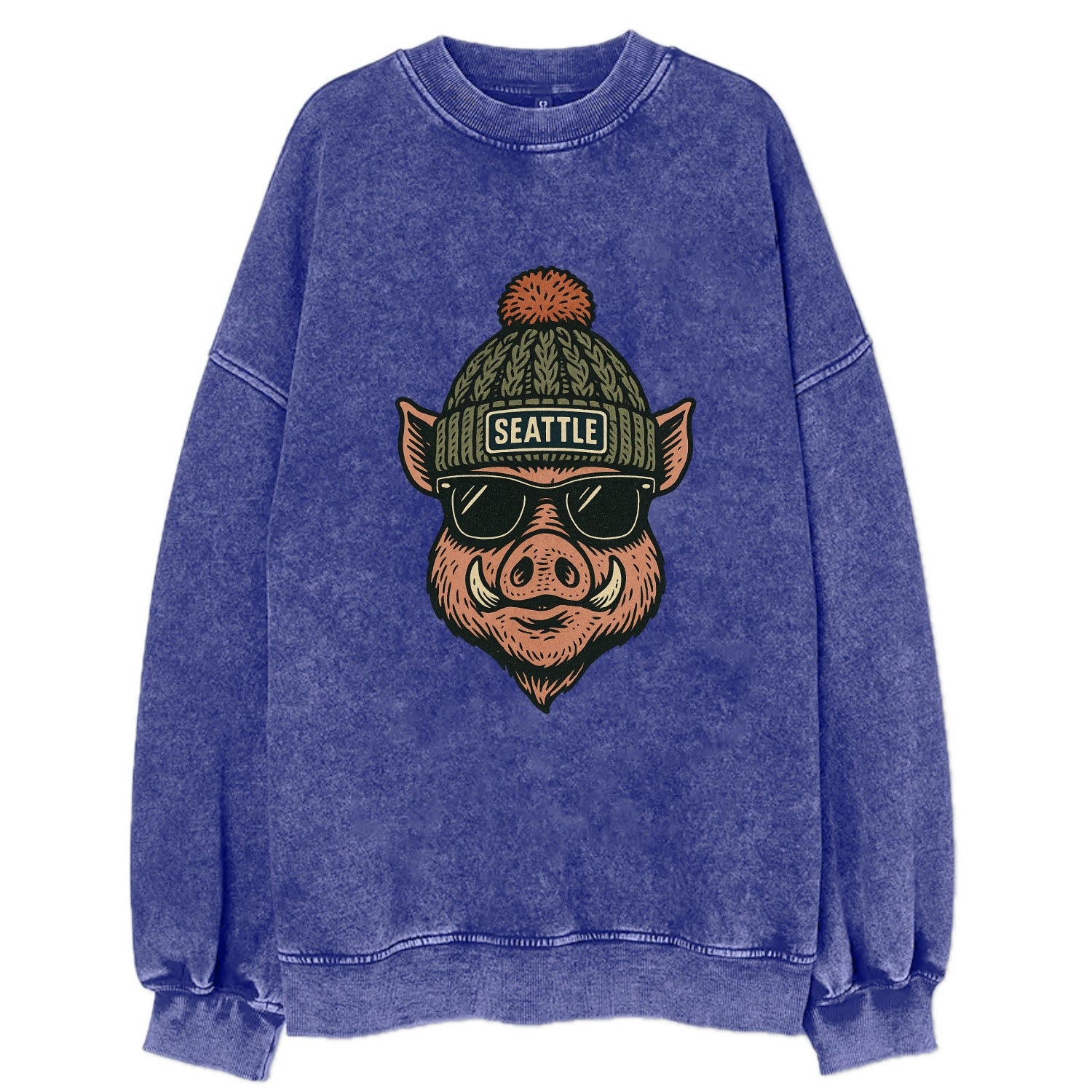 Washington Hog wearing Seattle beanie with pom pom and wayfarer sunglasses - Vintage Sweatshirt - Blue