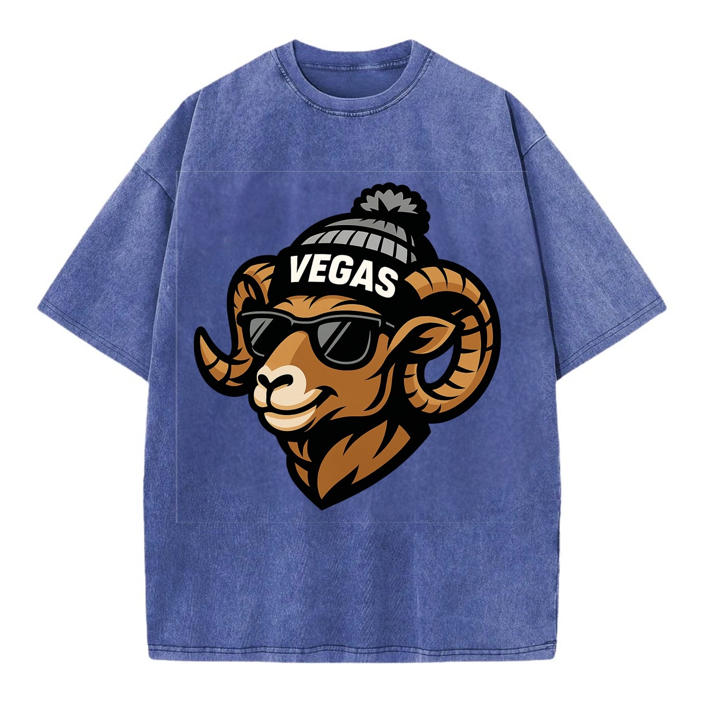 Vegas Desert Bighorn wearing Raiders silver and black beanie with pom pom and - Vintage T-shirt - Blue