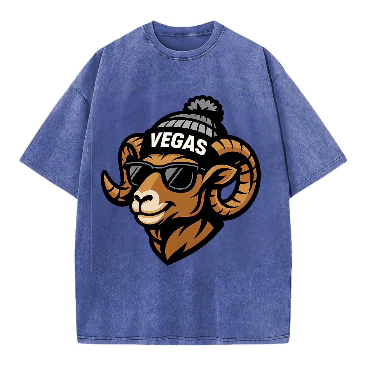 Vegas Desert Bighorn wearing Raiders silver and black beanie with pom pom and - Vintage T-shirt - Blue