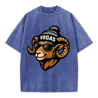 Vegas Desert Bighorn wearing Raiders silver and black beanie with pom pom and - Vintage T-shirt - Blue