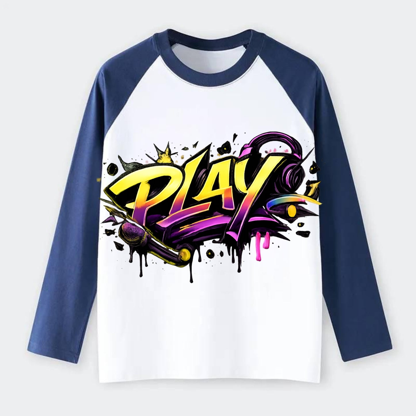 Bold typography design - "PLAY" - creative expression, musical - Raglan Long Sleeve T-Shirt - Blue
