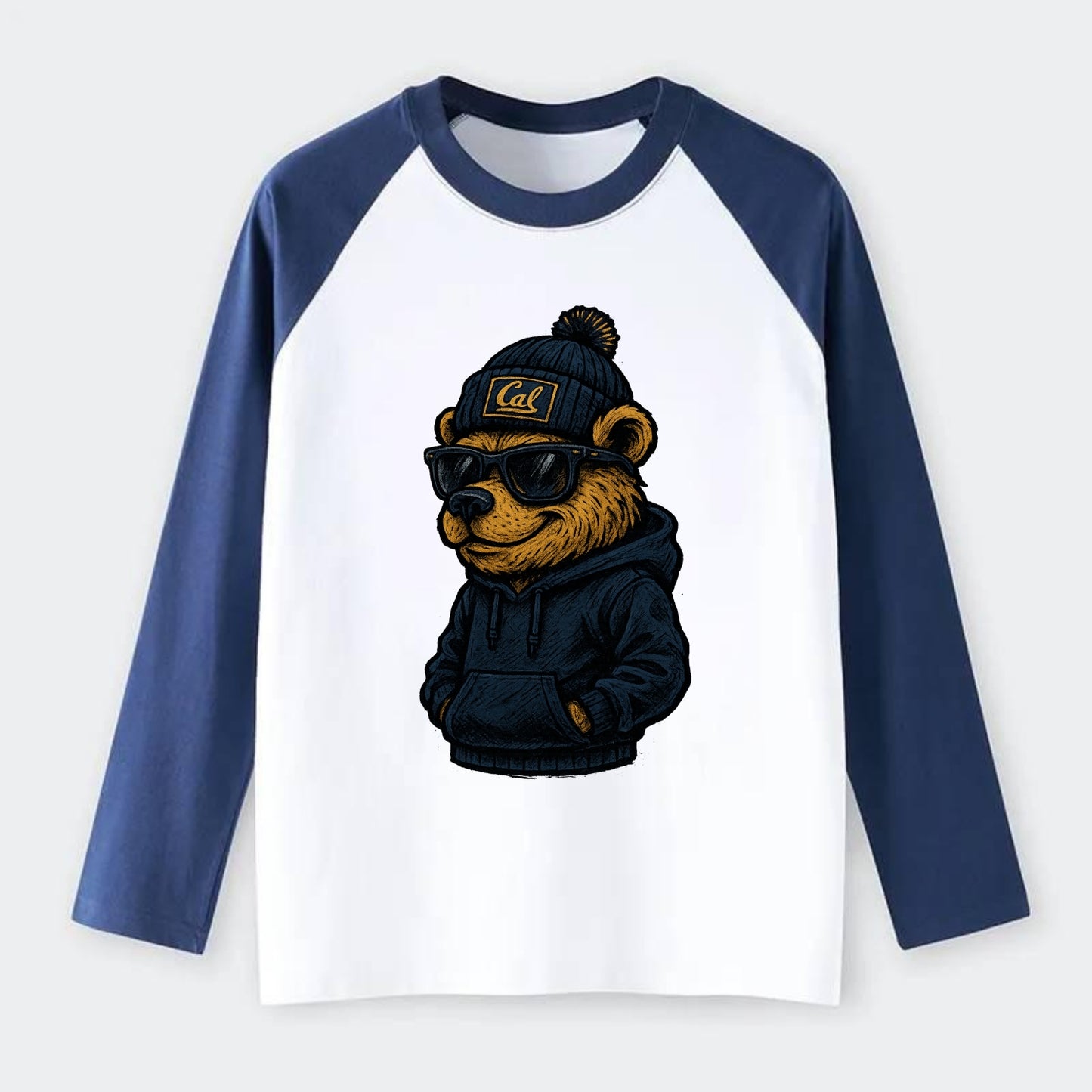 Berkeley Bear wearing Cal beanie with script patch - Raglan Long Sleeve T-Shirt - Blue
