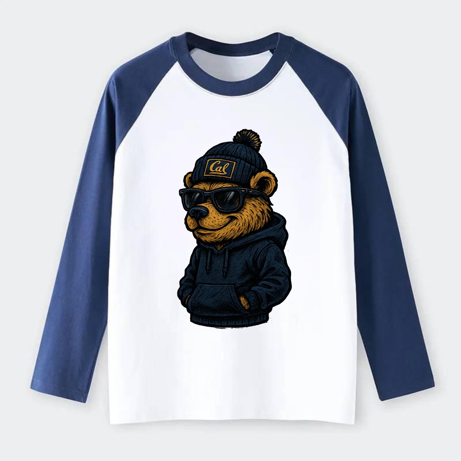 Berkeley Bear wearing Cal beanie with script patch - Raglan Long Sleeve T-Shirt - Blue