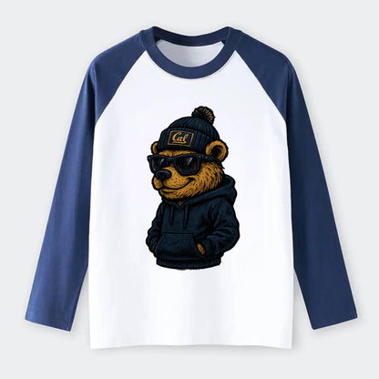 Berkeley Bear wearing Cal beanie with script patch - Raglan Long Sleeve T-Shirt - Blue