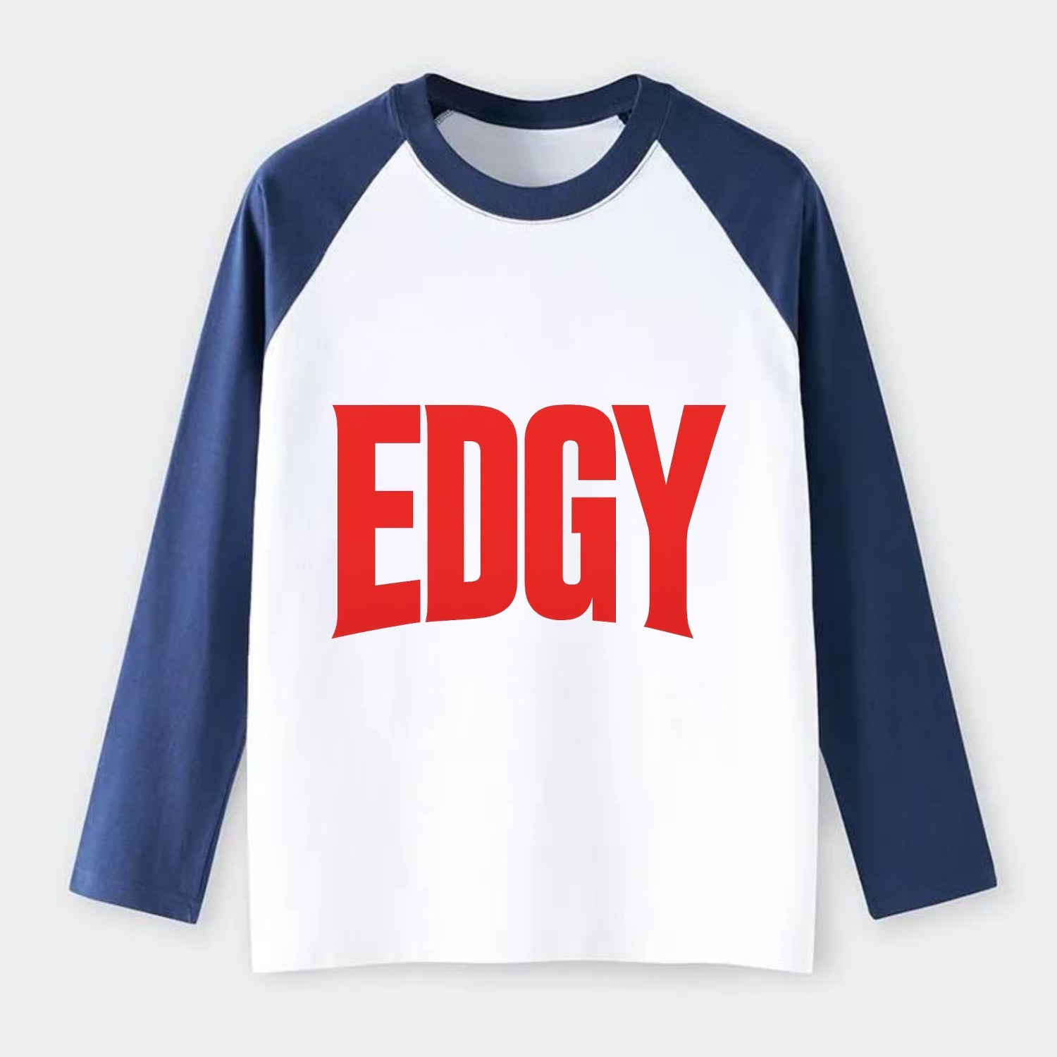 Bold typography design - "EDGY" - pushing boundaries, unconventional - Raglan Long Sleeve T-Shirt - Blue