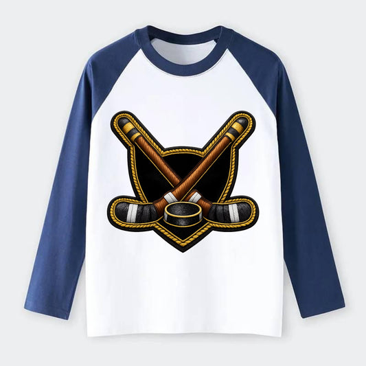 Embroidered patch design - HOCKEY CROSSED STICKS - ice hockey sticks - Raglan Long Sleeve T-Shirt - Blue